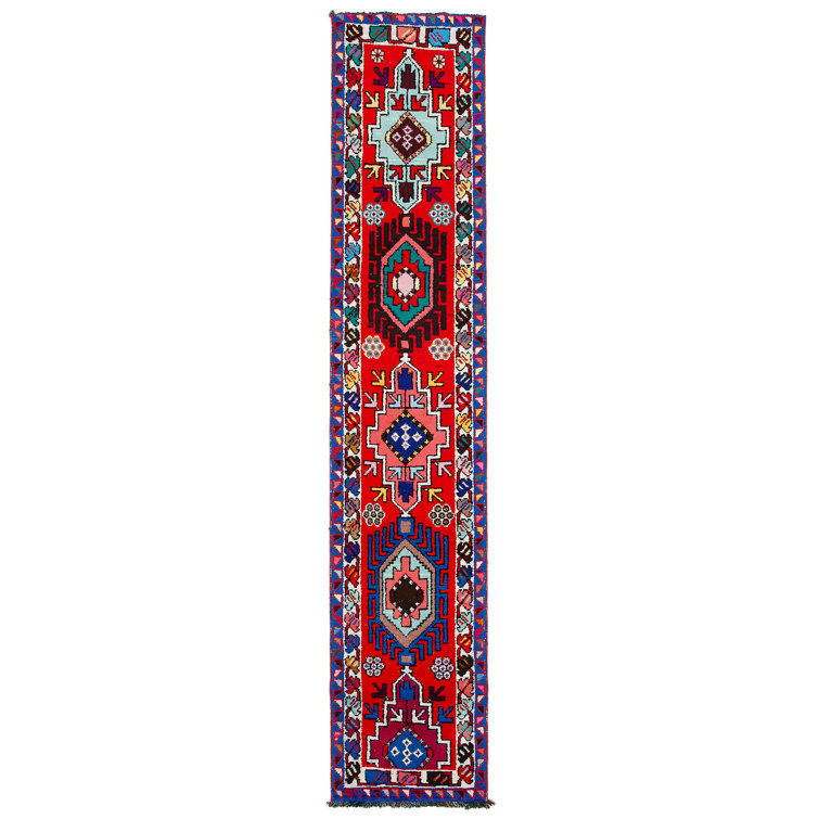 Gracie Oaks McMinnville Herki Hand Knotted Cotton/Wool Red/Blue Rug